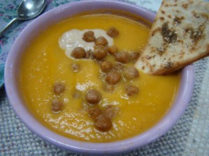carrot soup with tahini and crisped chickpeas