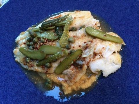 skate with capers, cornichons, and brown butter sauce 
